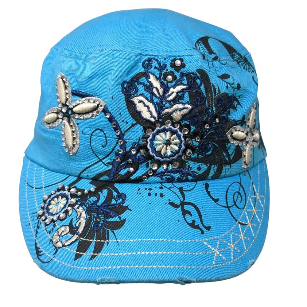 Academy Fits Cadet Army Cap Blue One Size Embroidered Distressed Rhinestonme